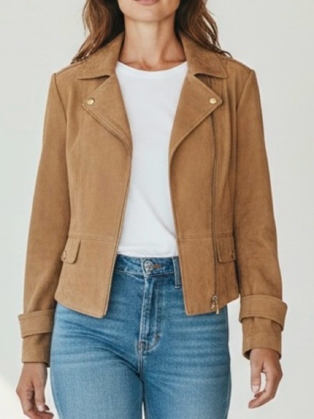 Tahari Faux Suede Moto Jacket XL Camel Cropped Gold Hardware NWOT